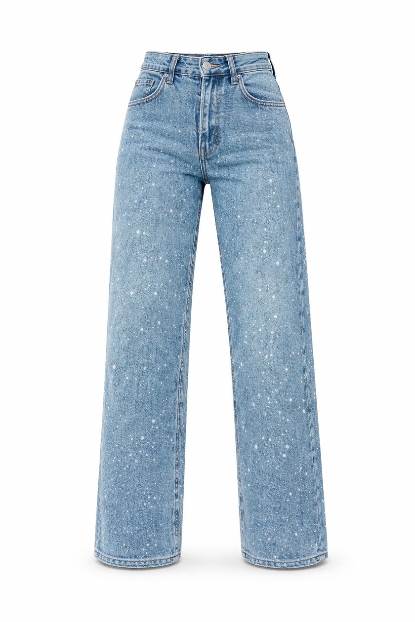 Straight Leg Jeans Women High Waist Glitter Detail