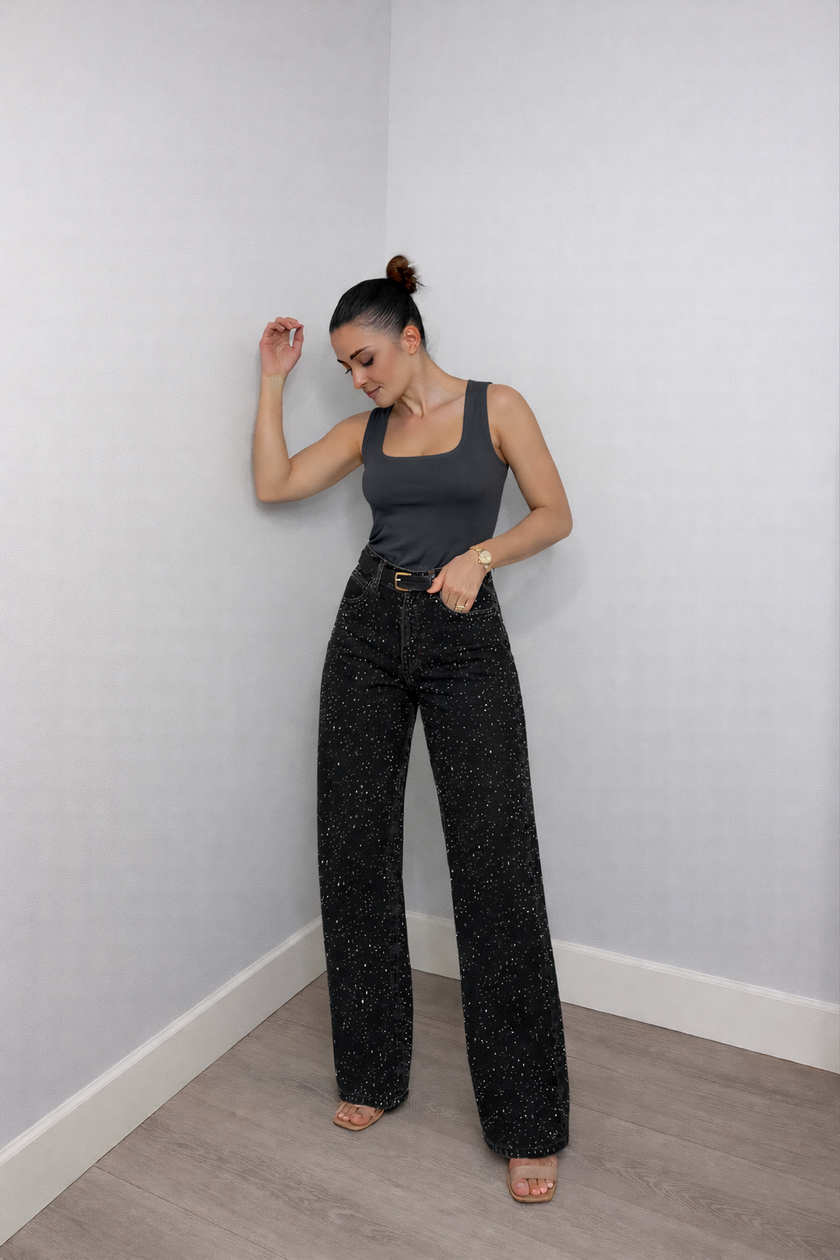 Straight Leg Jeans Women High Waist Glitter Detail