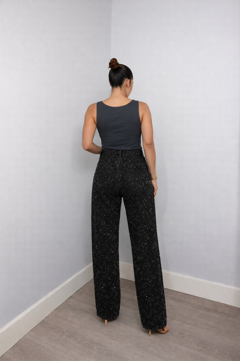 Straight Leg Jeans Women High Waist Glitter Detail