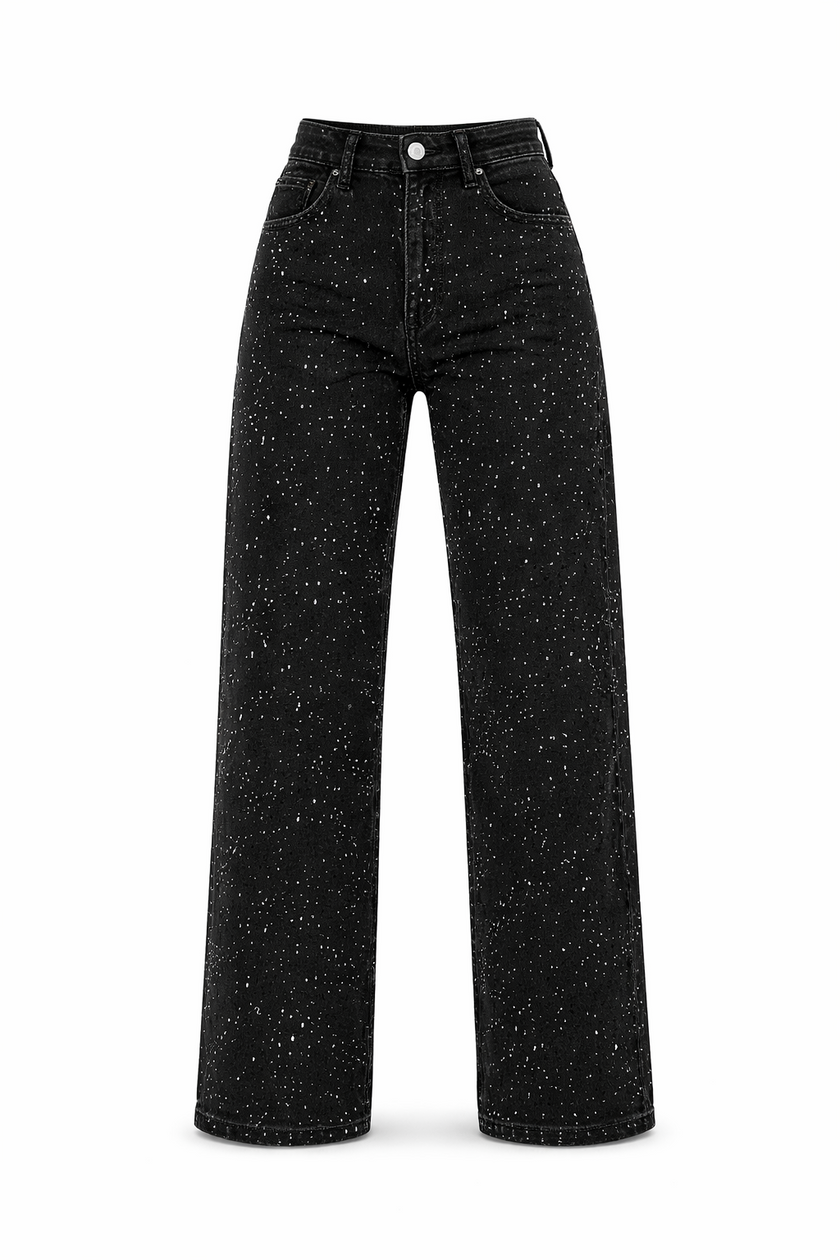 Straight Leg Jeans Women High Waist Glitter Detail