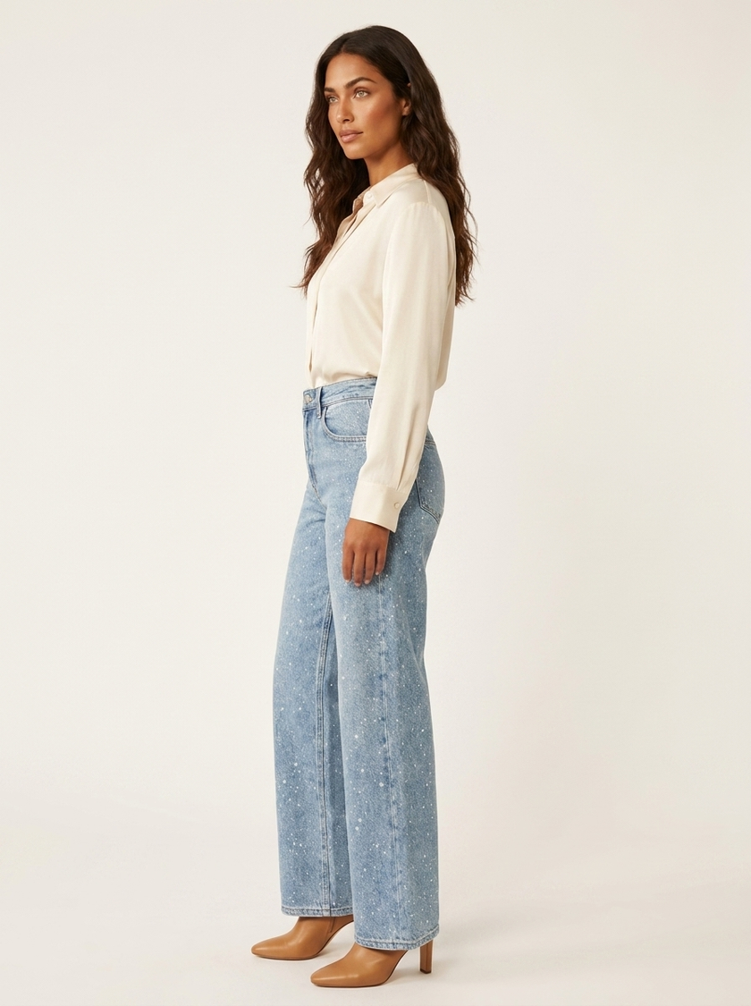 Straight Leg Jeans Women High Waist Glitter Detail