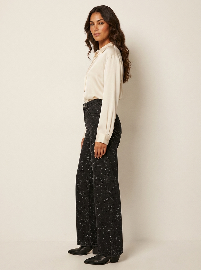 Straight Leg Jeans Women High Waist Glitter Detail