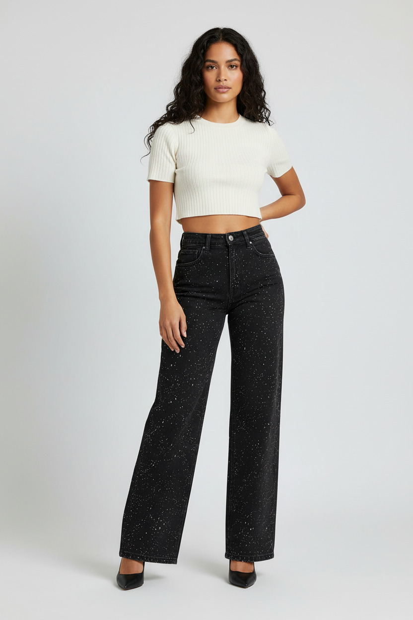 Straight Leg Jeans Women High Waist Glitter Detail