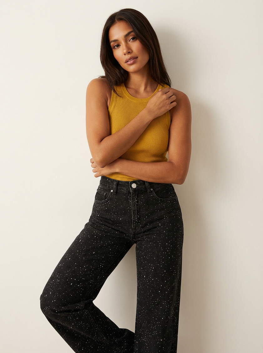 Straight Leg Jeans Women High Waist Glitter Detail