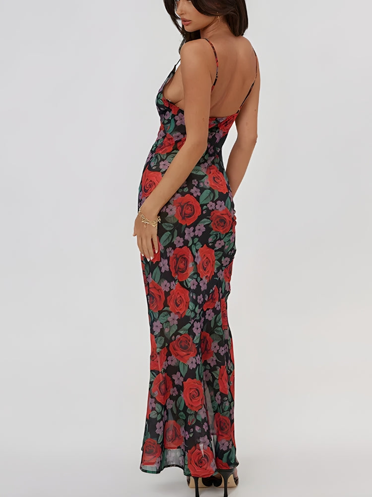 Red Rose FJØRNA maxi dress for women, elegant summer dress with flowing fabric, suitable for special occasions.