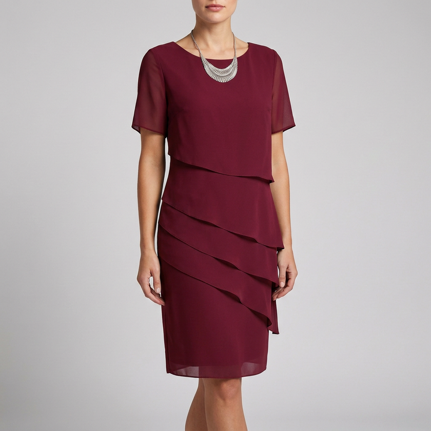 Red FJØRNA women's ruffle chiffon dress featuring a flowing silhouette and elegant design, perfect for formal occasions.