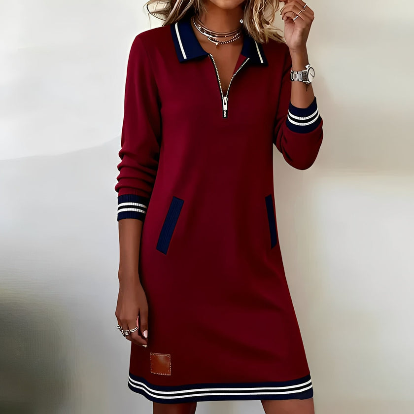 Red FJØRNA chic long sleeve cotton dress, available in mini, midi, and maxi lengths, shown on a model.