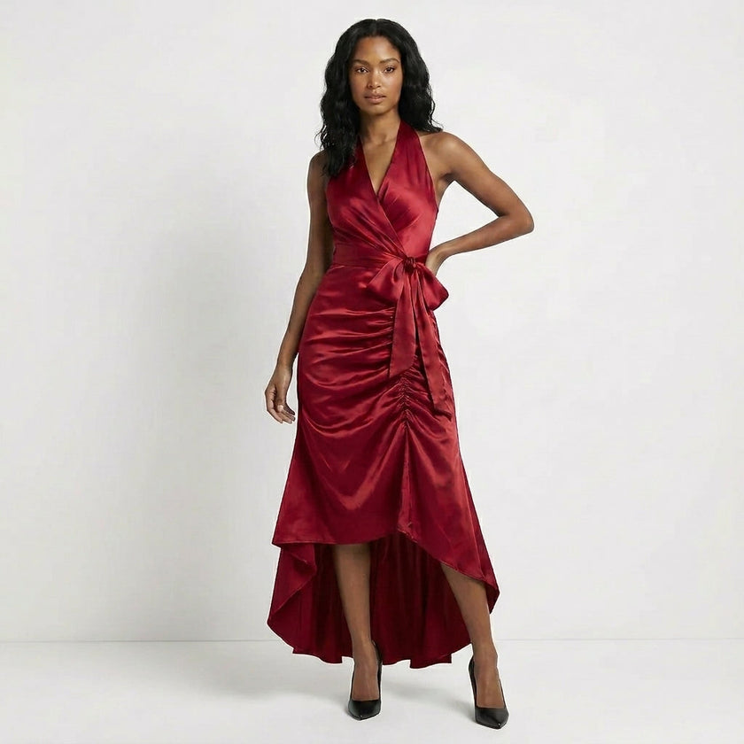 Red elegant maxi dress for women by FJØRNA featuring a halter neck, ruffle satin design, perfect for formal occasions.