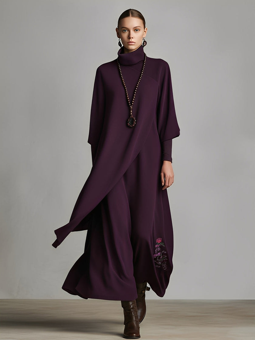 Red cotton turtleneck maxi dress by FJØRNA, flowing evening dress with long sleeves and elegant silhouette, displayed on a model.