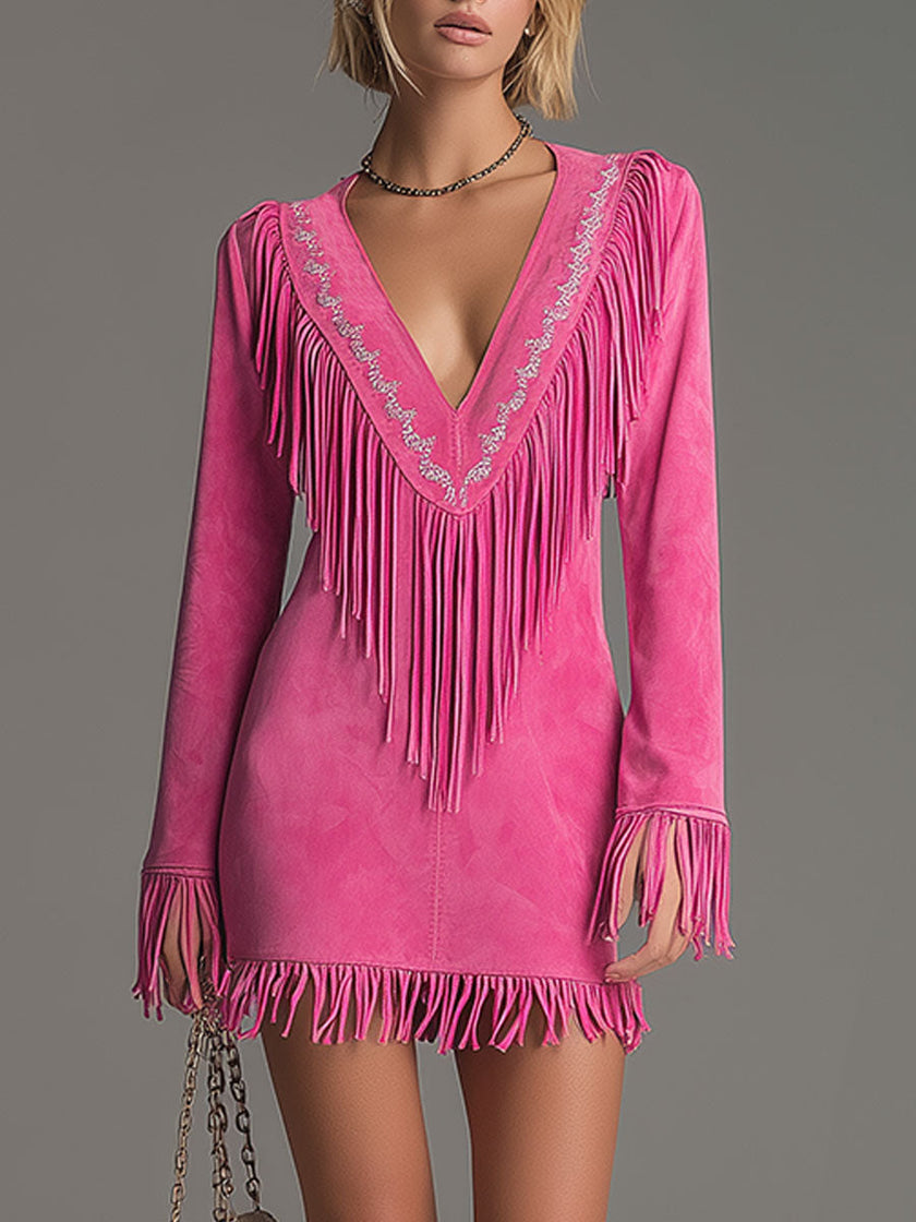 Red faux suede tassel mini western dress by FJØRNA, featuring western-style design and casual fit, shown on a model.
