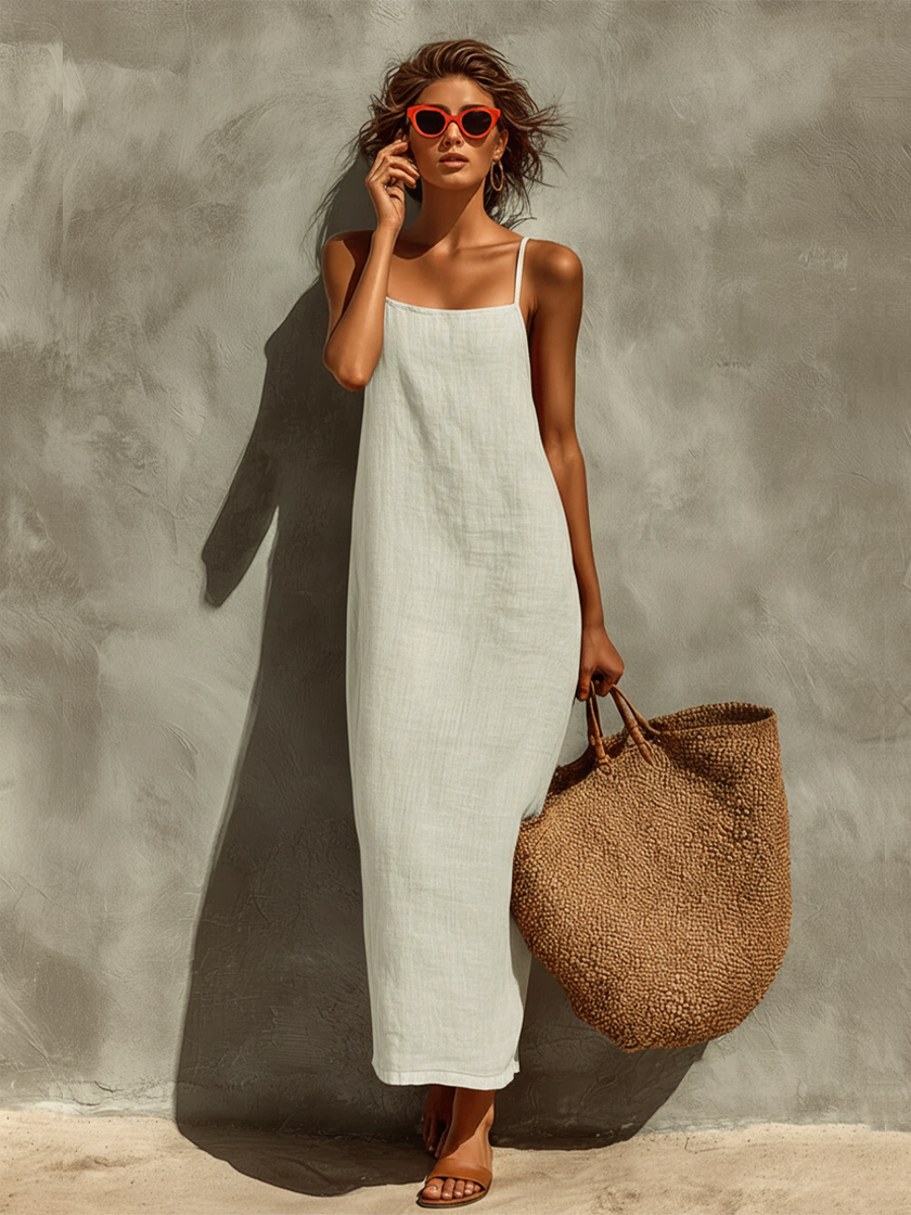 Red linen casual dress by FJØRNA, featuring a relaxed fit with short sleeves and a knee-length hem, perfect for warm weather.