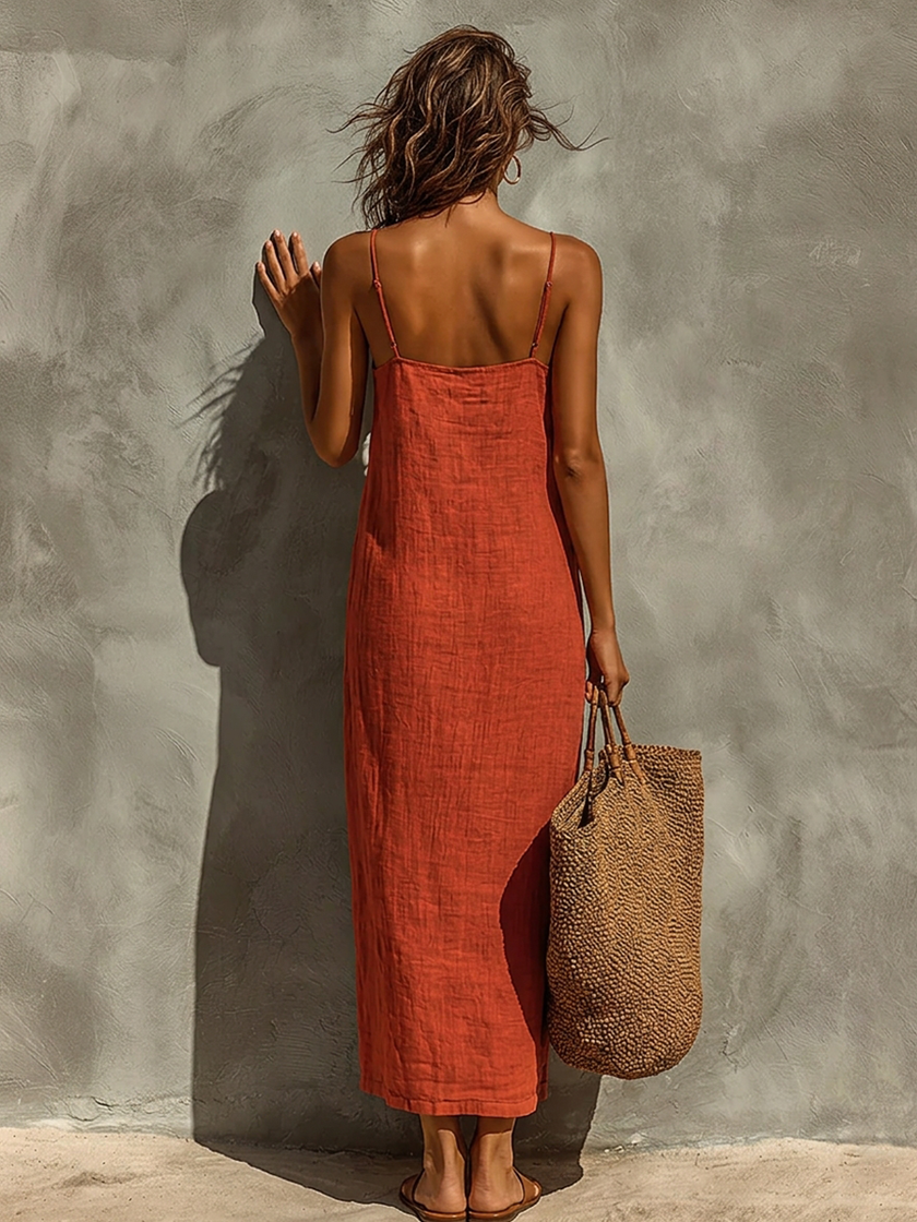 Red linen casual dress by FJØRNA, knee-length with relaxed fit, featuring short sleeves and a simple, elegant design.