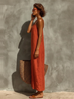 Red linen casual dress by FJØRNA, featuring a relaxed fit and lightweight fabric, perfect for warm weather and everyday wear.