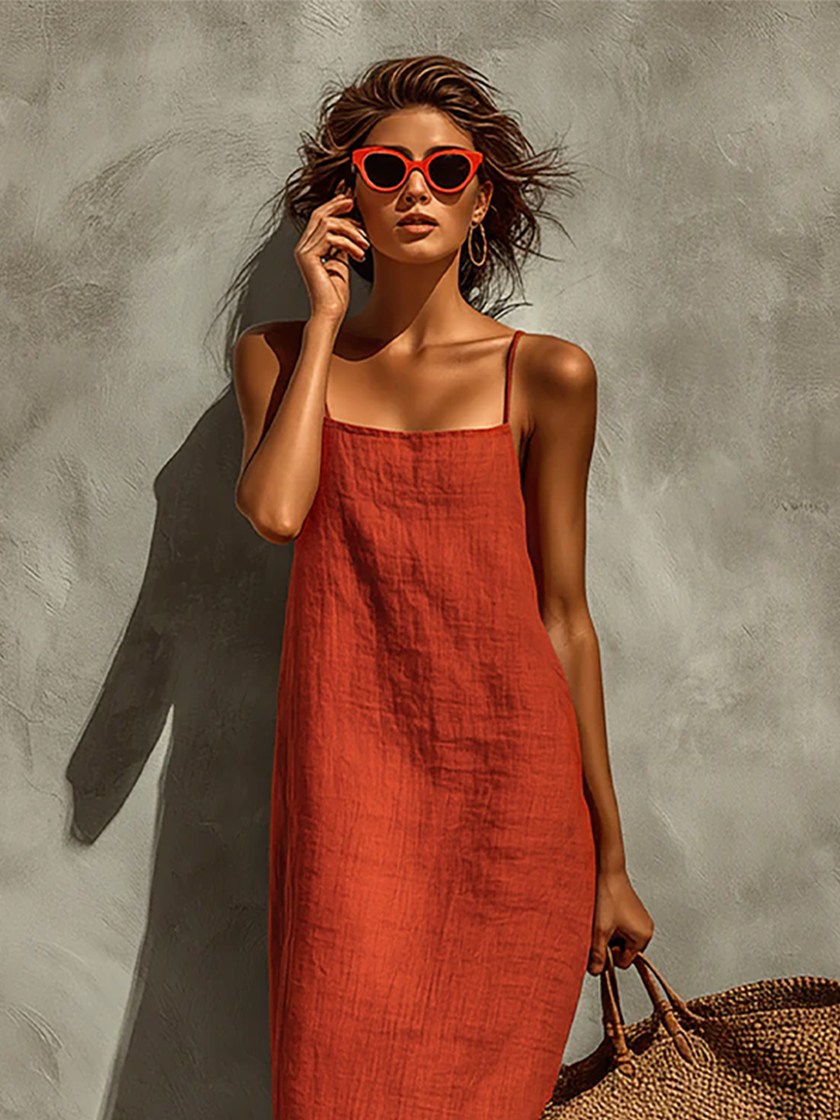 Red linen casual dress by FJØRNA, sleeveless with a relaxed fit, shown on a model with a flowing silhouette.