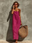 Red linen casual dress by FJØRNA, featuring a relaxed fit with short sleeves and a knee-length design.