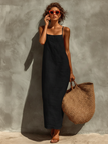 FJØRNA red linen casual dress with a relaxed fit, featuring short sleeves and a knee-length design, displayed on a hanger.