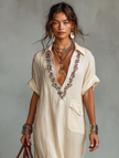 Red linen embroidered maxi dress for women by FJØRNA, featuring intricate embroidery and flowing fabric.