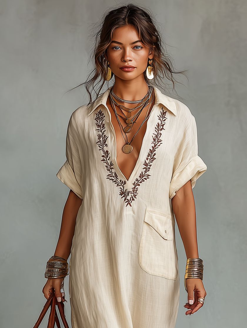 Red linen embroidered maxi dress for women by FJØRNA, featuring intricate embroidery and flowing fabric.