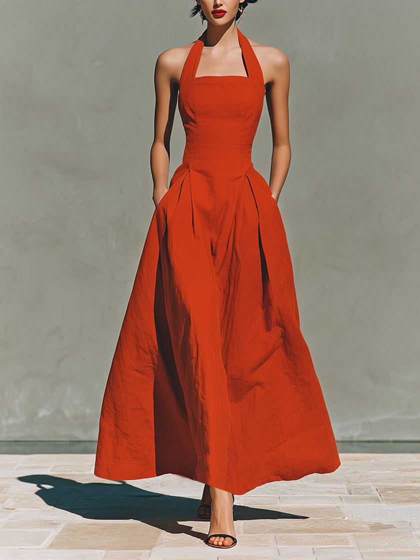 Red Linen Halter Neck Maxi Dress