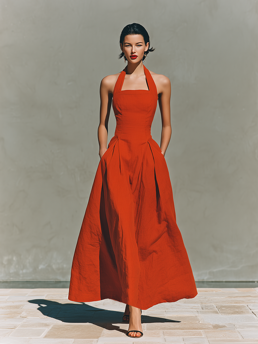 Red Linen Halter Neck Maxi Dress