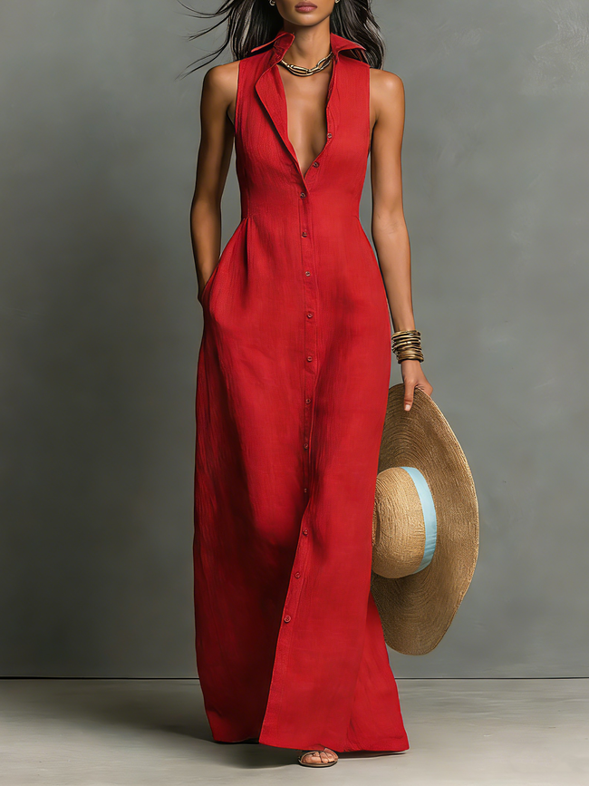 Red linen sleeveless maxi dress for women by FJØRNA, flowing design with a fitted waist and elegant neckline.