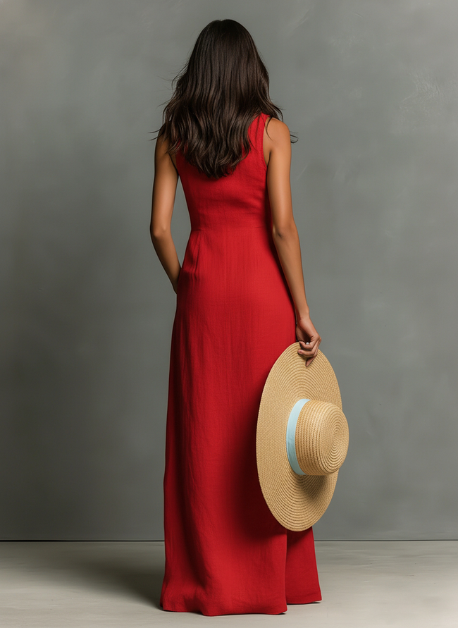 Red linen sleeveless maxi dress for women by FJØRNA, flowing fabric, V-neck, and ankle-length silhouette.