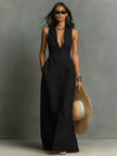 Red linen sleeveless maxi dress for women by FJØRNA, flowing design with a fitted bodice and full-length skirt.