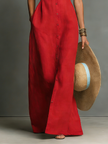 Red linen sleeveless maxi dress for women by FJØRNA, flowing fabric with a relaxed fit and elegant design.