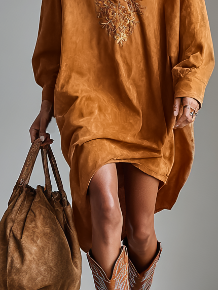 Red suede V-neck midi dress for women by FJØRNA, featuring a fitted silhouette and elegant V-neck design.