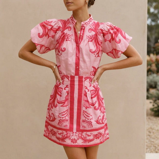 Red linen floral two-piece women's co-ord set by FJØRNA, featuring a stylish top and matching skirt.