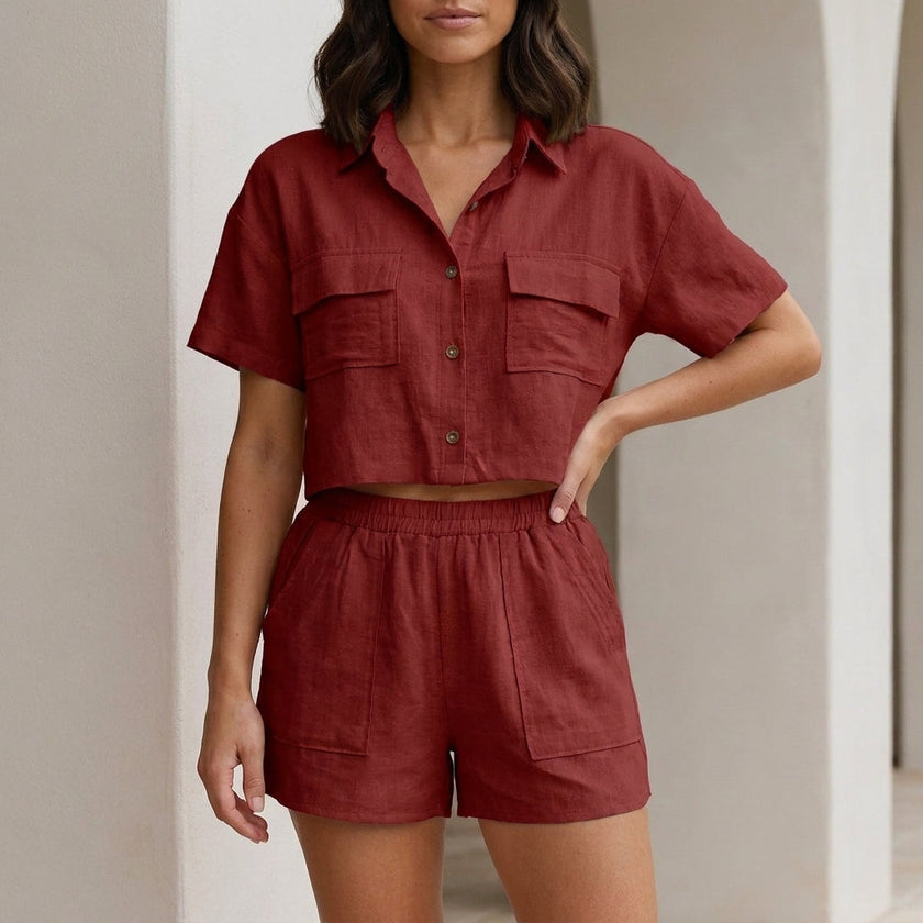 Red FJØRNA summer two-piece women's co-ord set with button-front top and matching skirt, casual and stylish for warm weather.