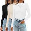 Ribbed Long Sleeve Top Women 3-Pack Round Neck Fitted