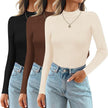 Ribbed Long Sleeve Top Women 3-Pack Round Neck Fitted