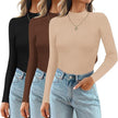 Ribbed Long Sleeve Top Women 3-Pack Round Neck Fitted