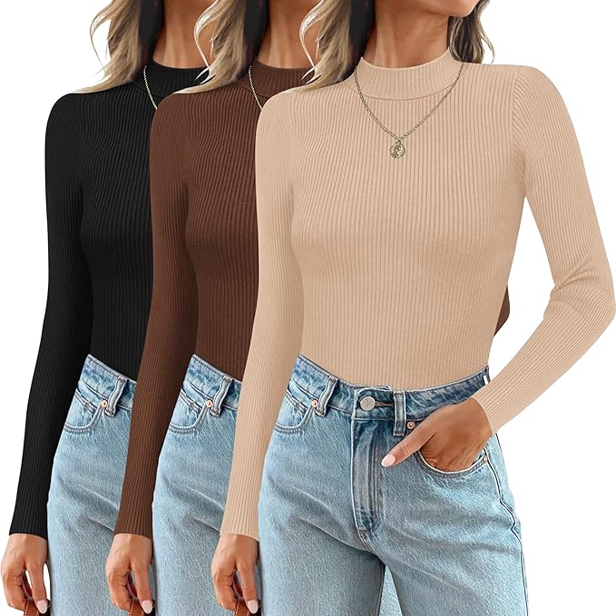 Ribbed Long Sleeve Top Women 3-Pack Round Neck Fitted