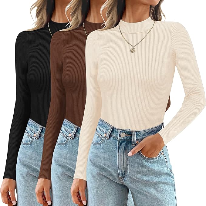 Ribbed Long Sleeve Top Women 3-Pack Round Neck Fitted
