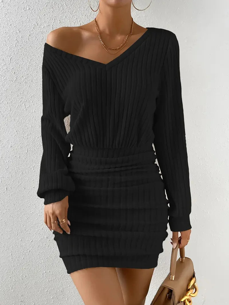 FJØRNA ribbed knit mini dress for women, stylish party and day dress with ribbed texture and fitted silhouette.