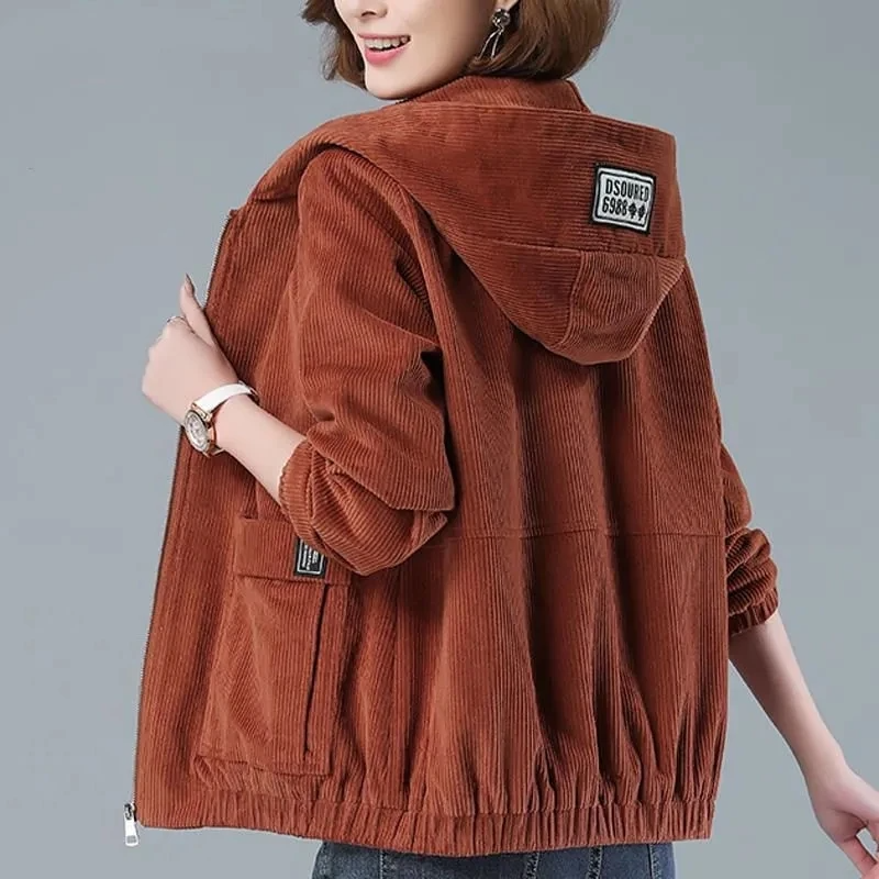 Soft Corduroy Jacket Women Hooded Relaxed Fit