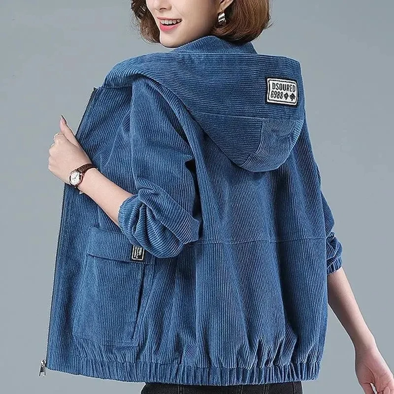 Soft Corduroy Jacket Women Hooded Relaxed Fit