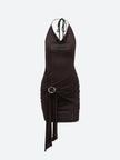 FJØRNA women's ruched halter neck mini dress, suitable for party and day wear, shown in a stylish, fitted design.