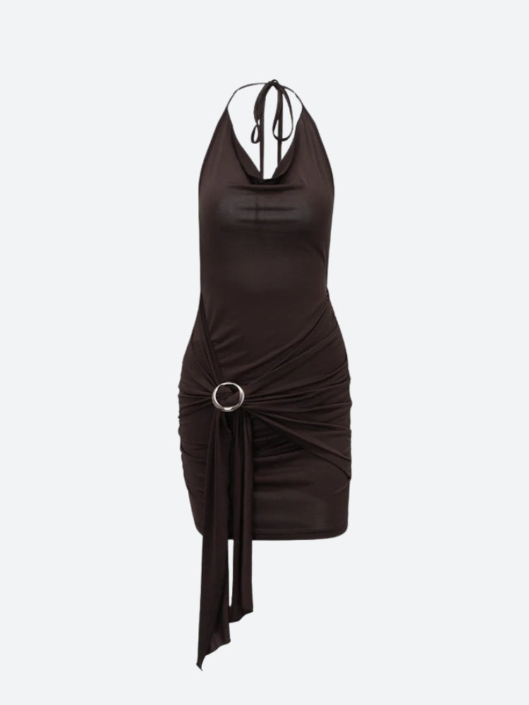 FJØRNA women's ruched halter neck mini dress, suitable for party and day wear, shown in a stylish, fitted design.