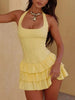 FJØRNA ruffled halter mini dress, women's party and day style dress with flowing ruffles and sleeveless design.