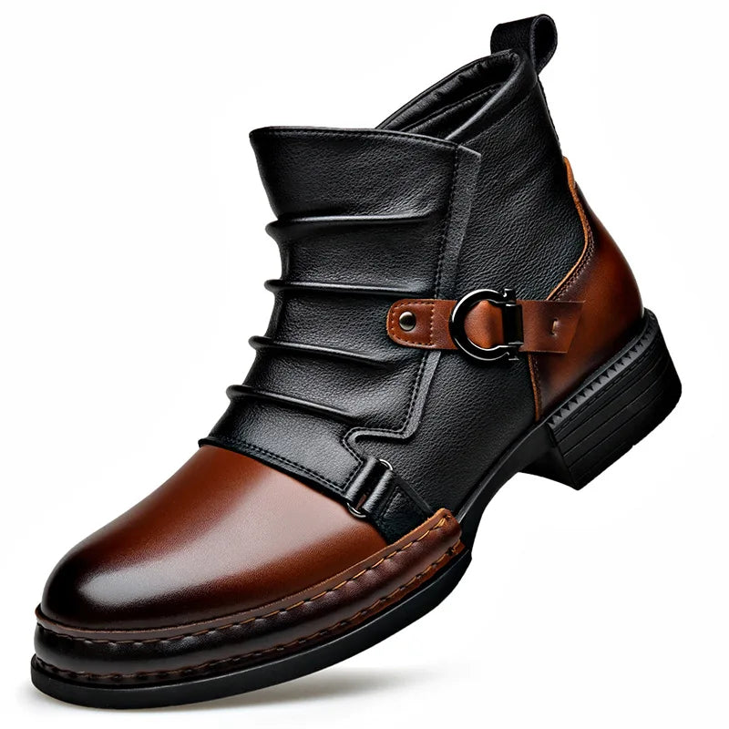 Ankle Boots Leather Side Zip Buckle Strap Layered Fold Winter Boots | Ines