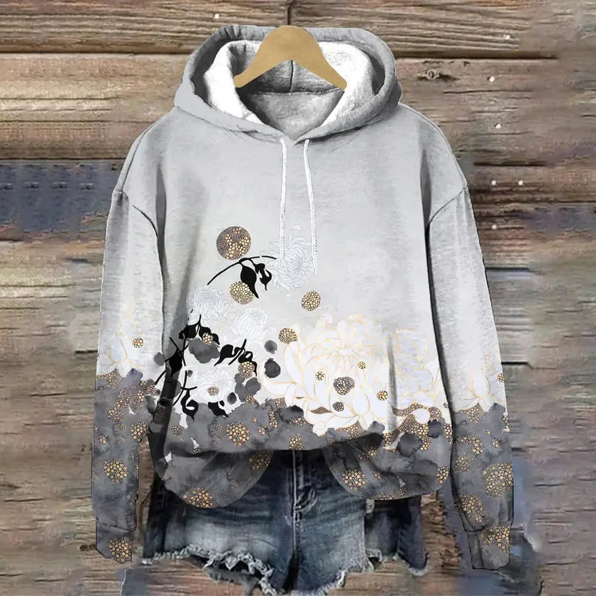 Susan | Women's Relaxed-Fit Floral Print Hooded Sweater with Ribbed Cuffs for Layering