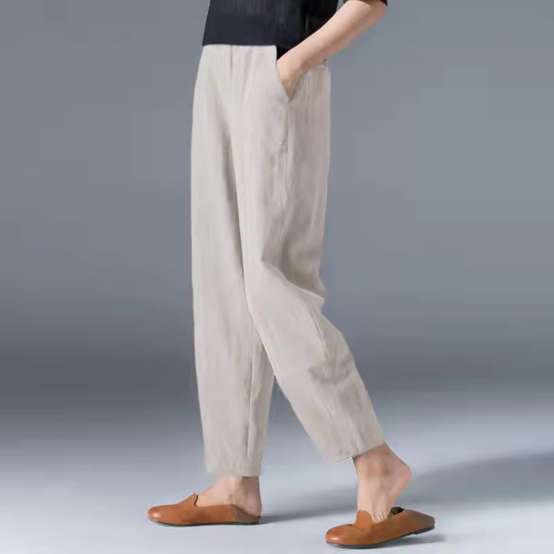 FJØRNA lightweight summer tapered women's trousers with elastic waist, casual and comfortable for warm weather.
