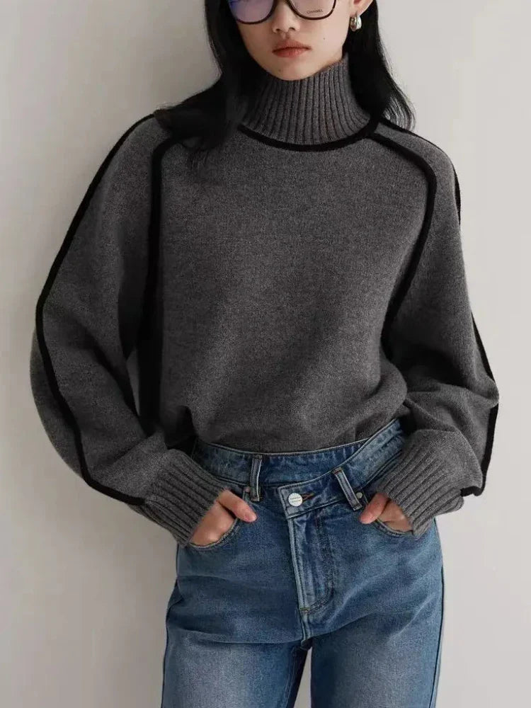 Turtleneck Sweater Women Contrast Seam Relaxed Fit