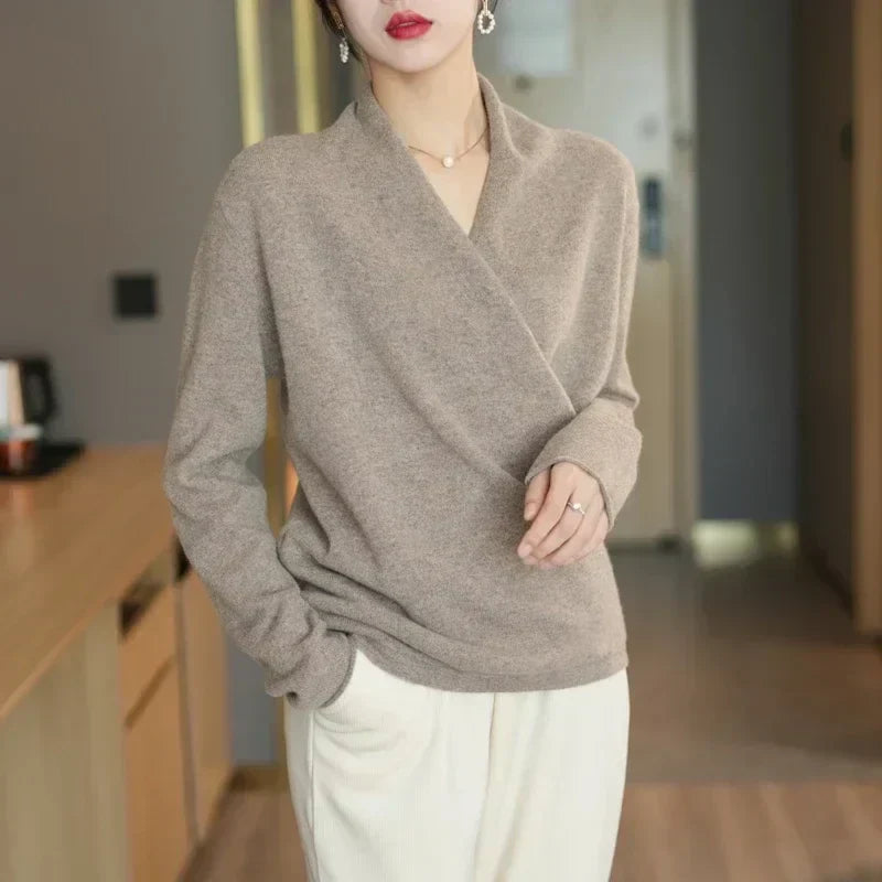 Wool Knit Sweater Women Cross-Bust Round Neck Long Sleeve