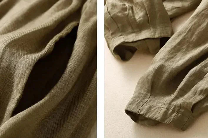 FJØRNA women's linen tapered trousers, lightweight and comfortable pants with a relaxed fit, displayed on a neutral background.