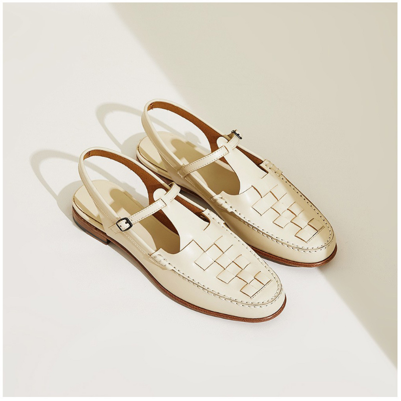 FJØRNA Italian leather woven slingback sandals for women in brown leather, featuring a stylish open heel and woven strap design.
