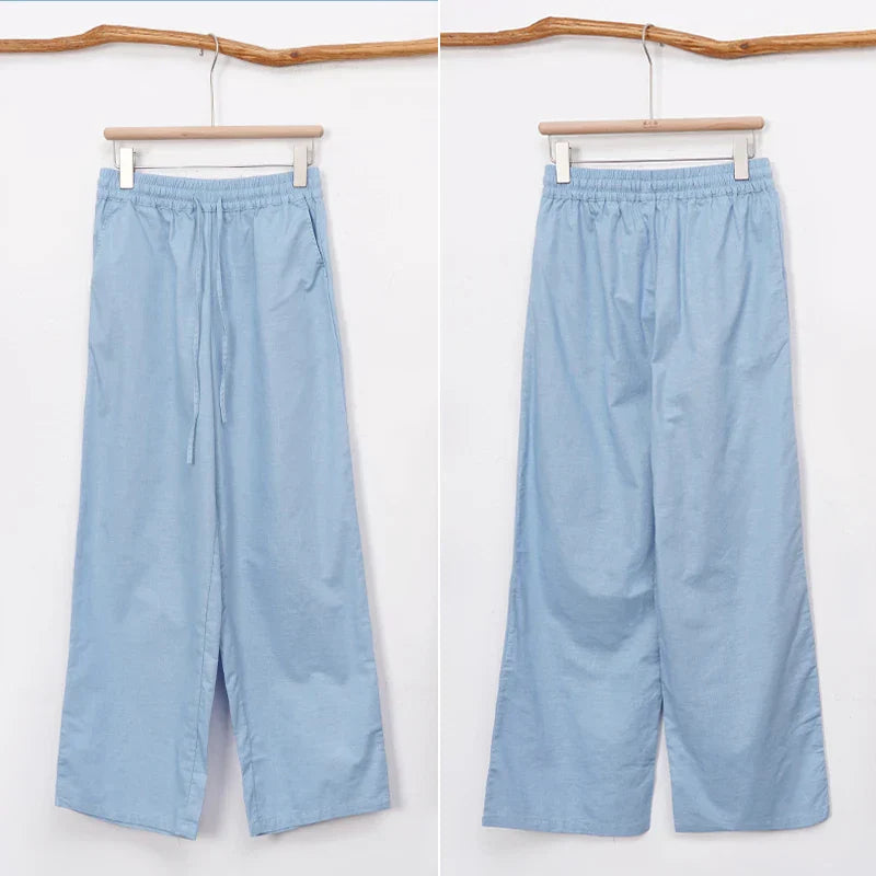 FJØRNA cotton linen wide-leg women's trousers with drawstring, pull-on style, relaxed fit, and casual chic design.